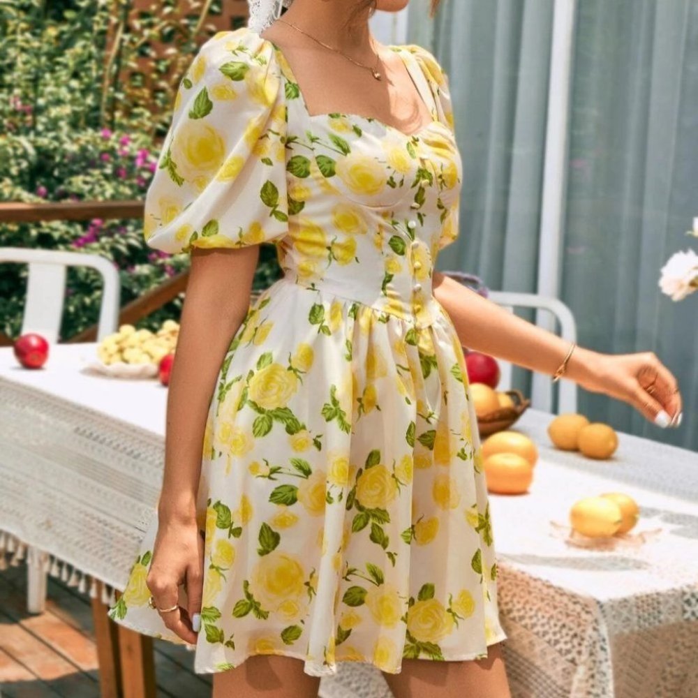 Yellow Floral Sweet Puff Sleeve Sweetheart Neck Mini Dress - Picture 3 of 5